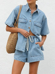 Button Up Short Sleeve Top and Shorts Denim Set -