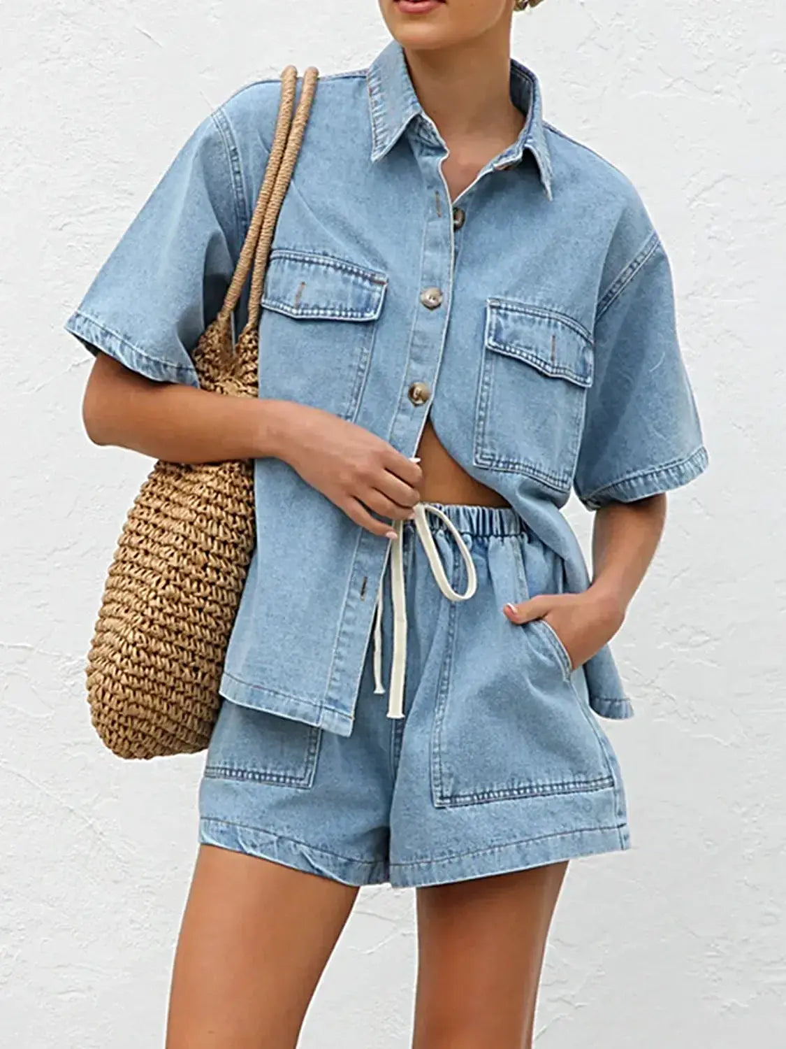 Button Up Short Sleeve Top and Shorts Denim Set -
