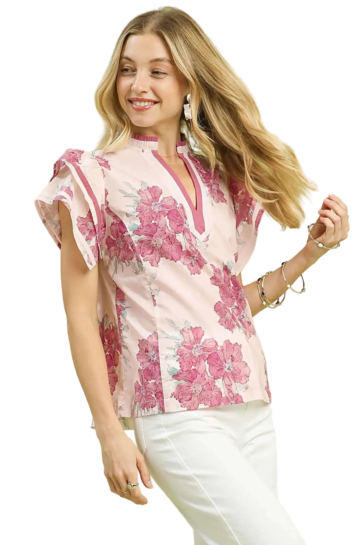 Umgee Mix Floral Ruffle Sleeve Blouse -