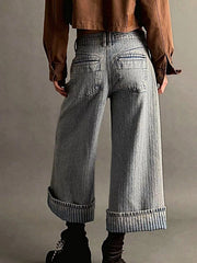Luxury Wide Leg Cropped Jeans with Pocketed Design, 85% Cotton Blend, Machine Washable -