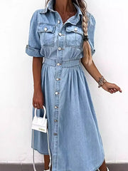 Full Size Button Down Roll-Up Sleeve Denim Shirt Dress Plus Size -