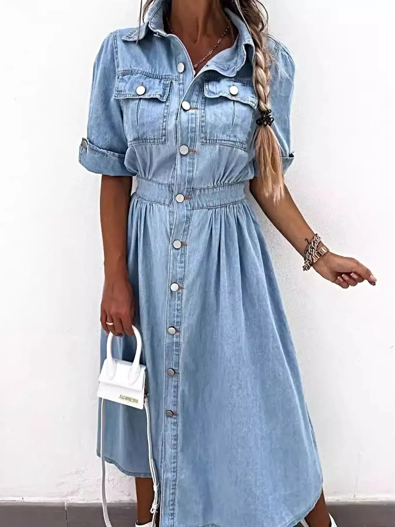 Full Size Button Down Roll-Up Sleeve Denim Shirt Dress Plus Size -