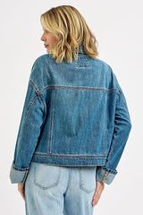 RISEN Oversized Cargo Pocket Denim Jacket with Cuffed Sleeves -