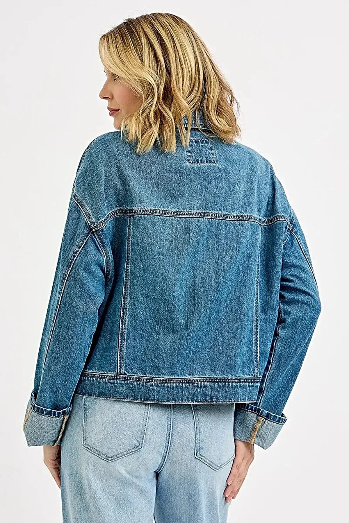 RISEN Oversized Cargo Pocket Denim Jacket with Cuffed Sleeves -