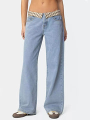 Plaid Trim Wide Leg Jeans -