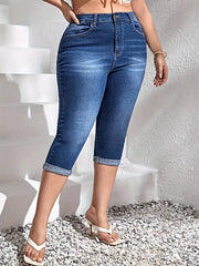 Plus Size Rolled Hem High Waist Denim Capri Jeans -
