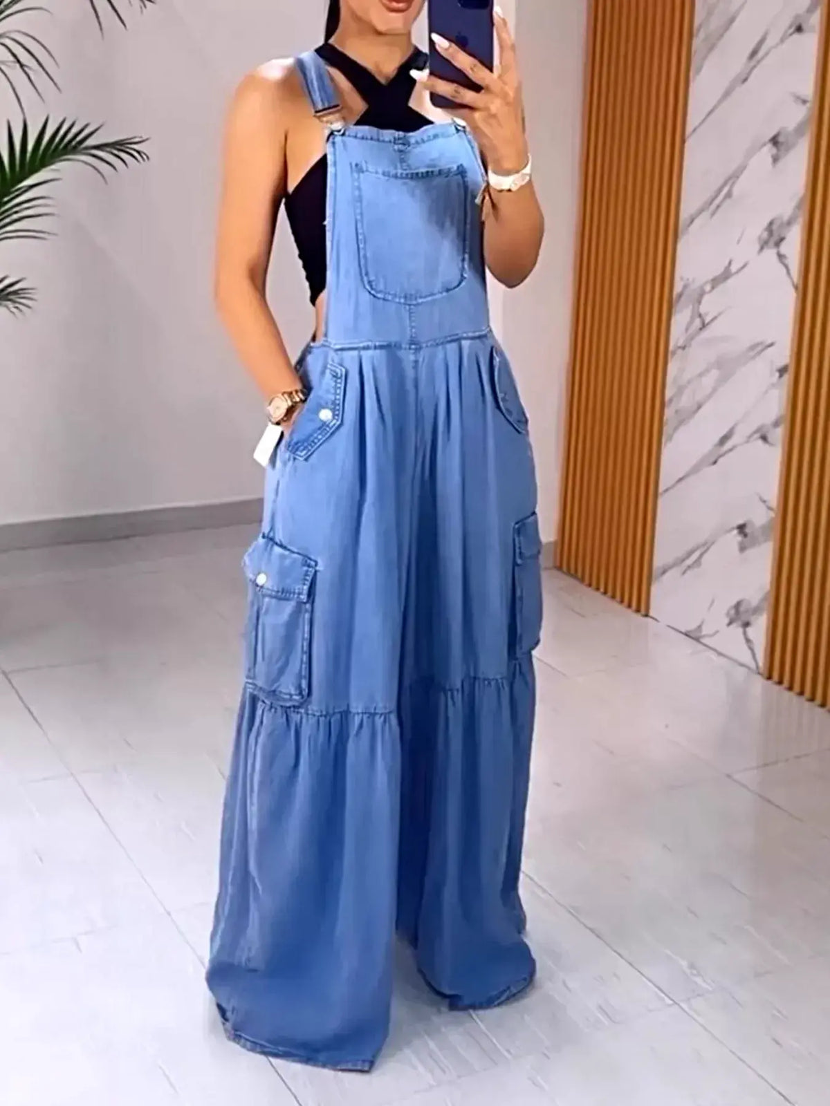 Full Size Pocketed Wide Leg Denim Overalls Plus Size -