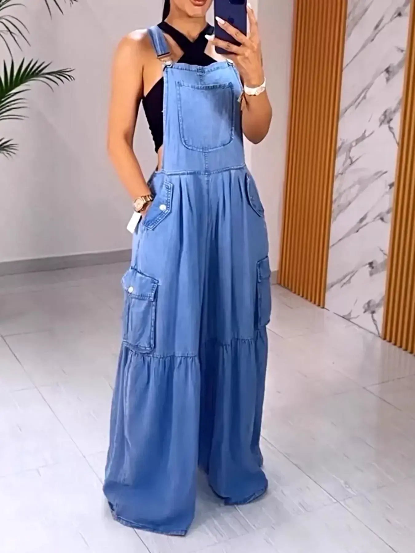 Full Size Pocketed Wide Leg Denim Overalls Plus Size -