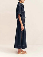High Waisted Denim Skirt with Side Slit and Contrast Stitch - Chic Maxi Style -
