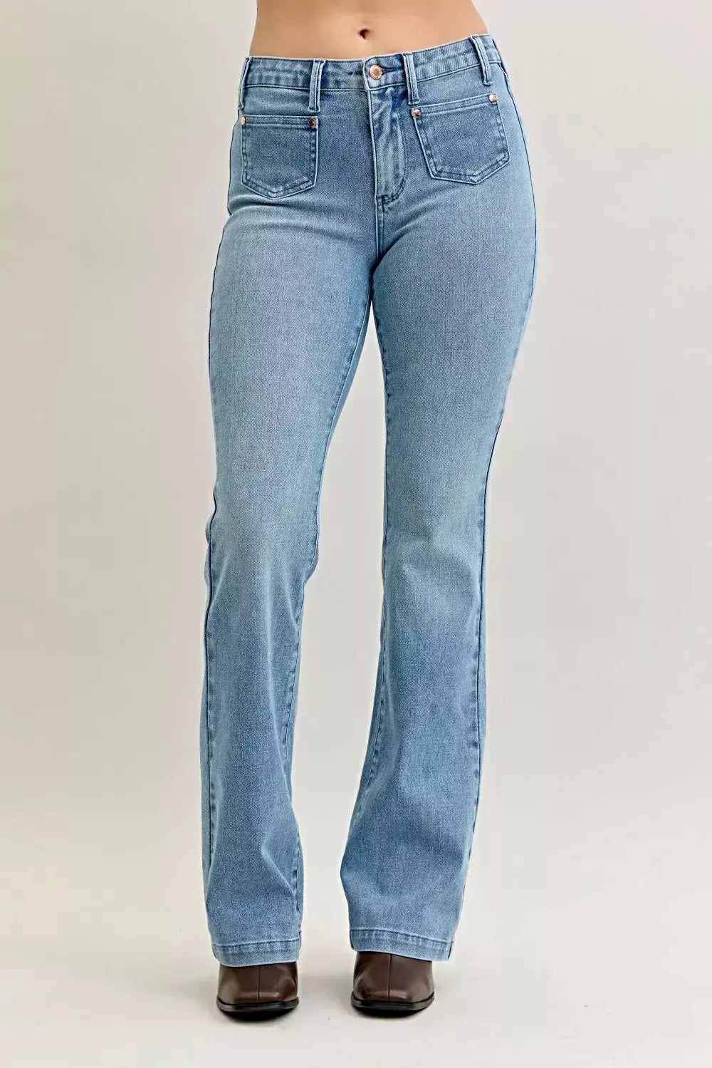 Judy Blue Full Size Mid Rise Bootcut Jeans with Contrast Wash & Front Patch Pockets Plus Size -