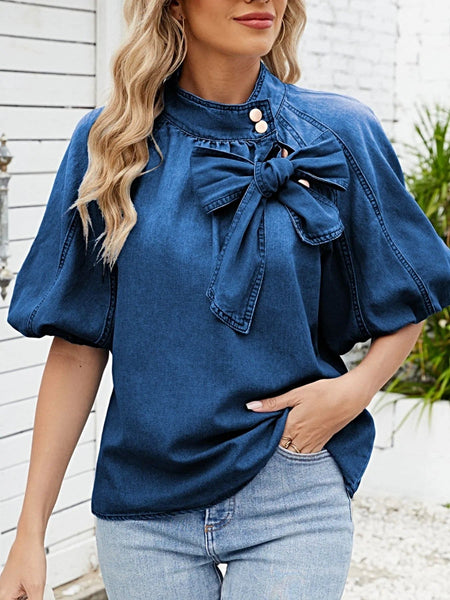 Bow Accent Puff Sleeve Denim Top -