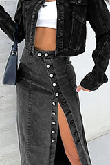 Button Fly Side Split Denim Midi Skirt -