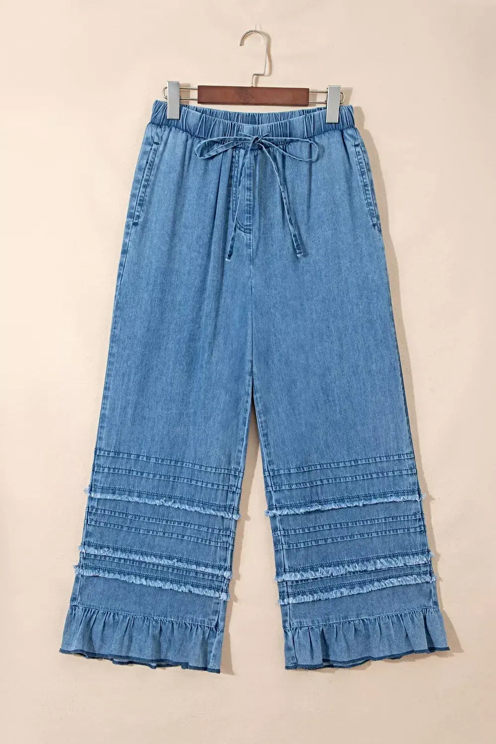 Ruffled Hem Wide Leg Chambray Pants -