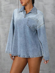Collared Neck Drop Shoulder Denim Top -
