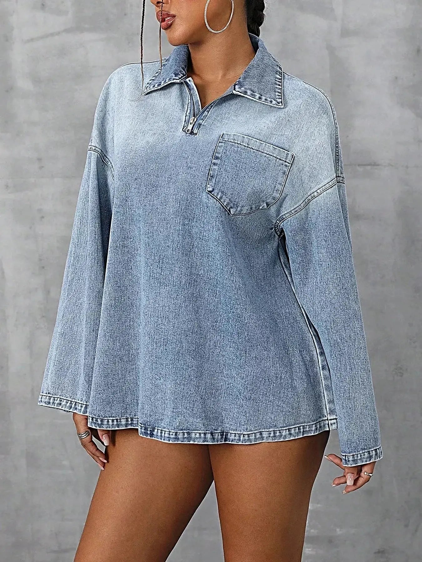 Collared Neck Drop Shoulder Denim Top -