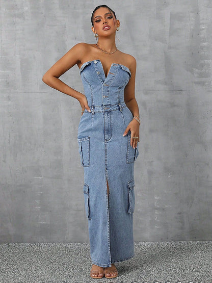 Slit Half Button Tube Denim Dress