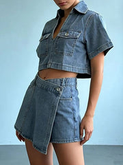 Short Sleeve Cropped Top and Skort Denim Set -