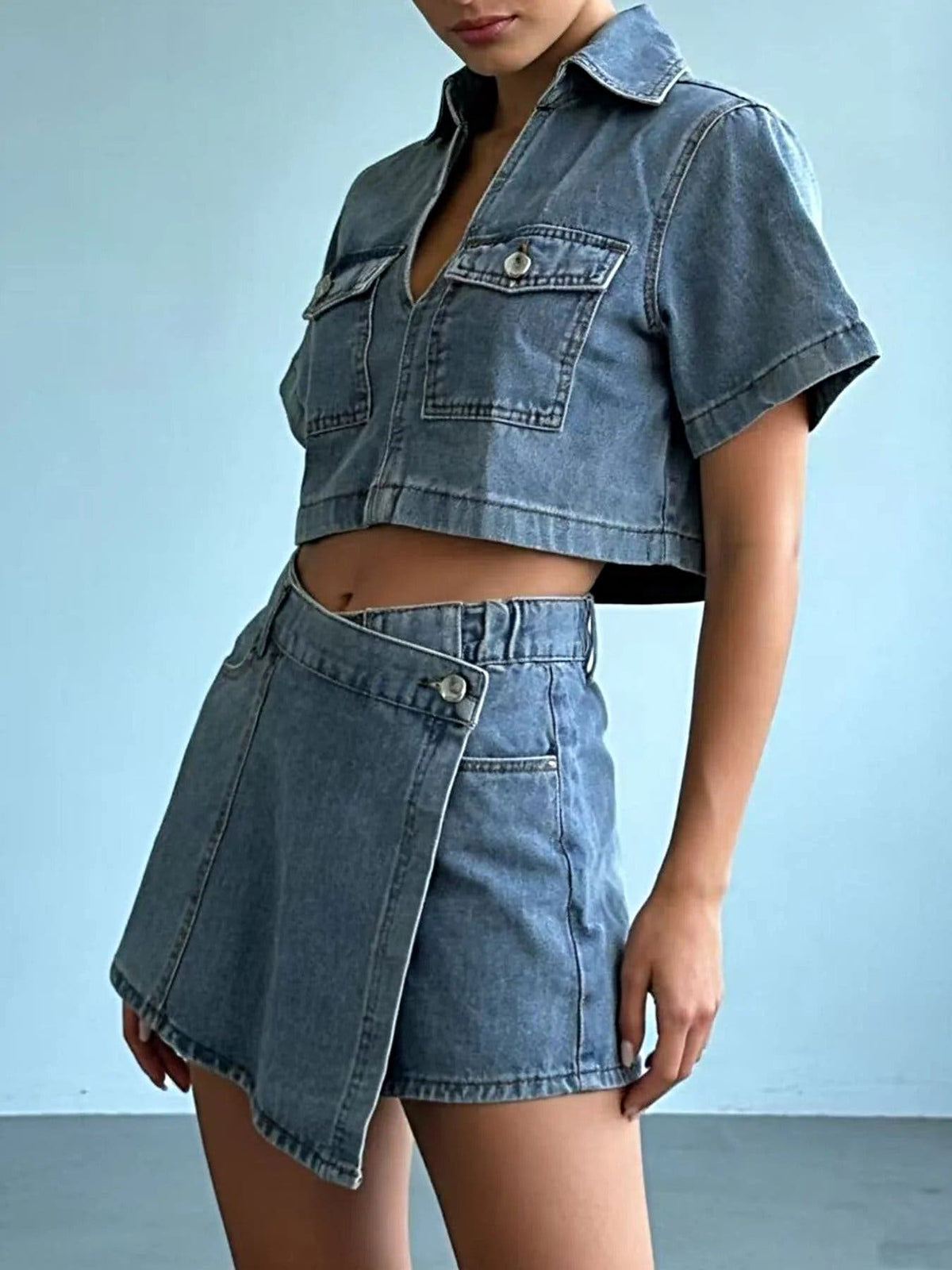 Short Sleeve Cropped Top and Skort Denim Set -