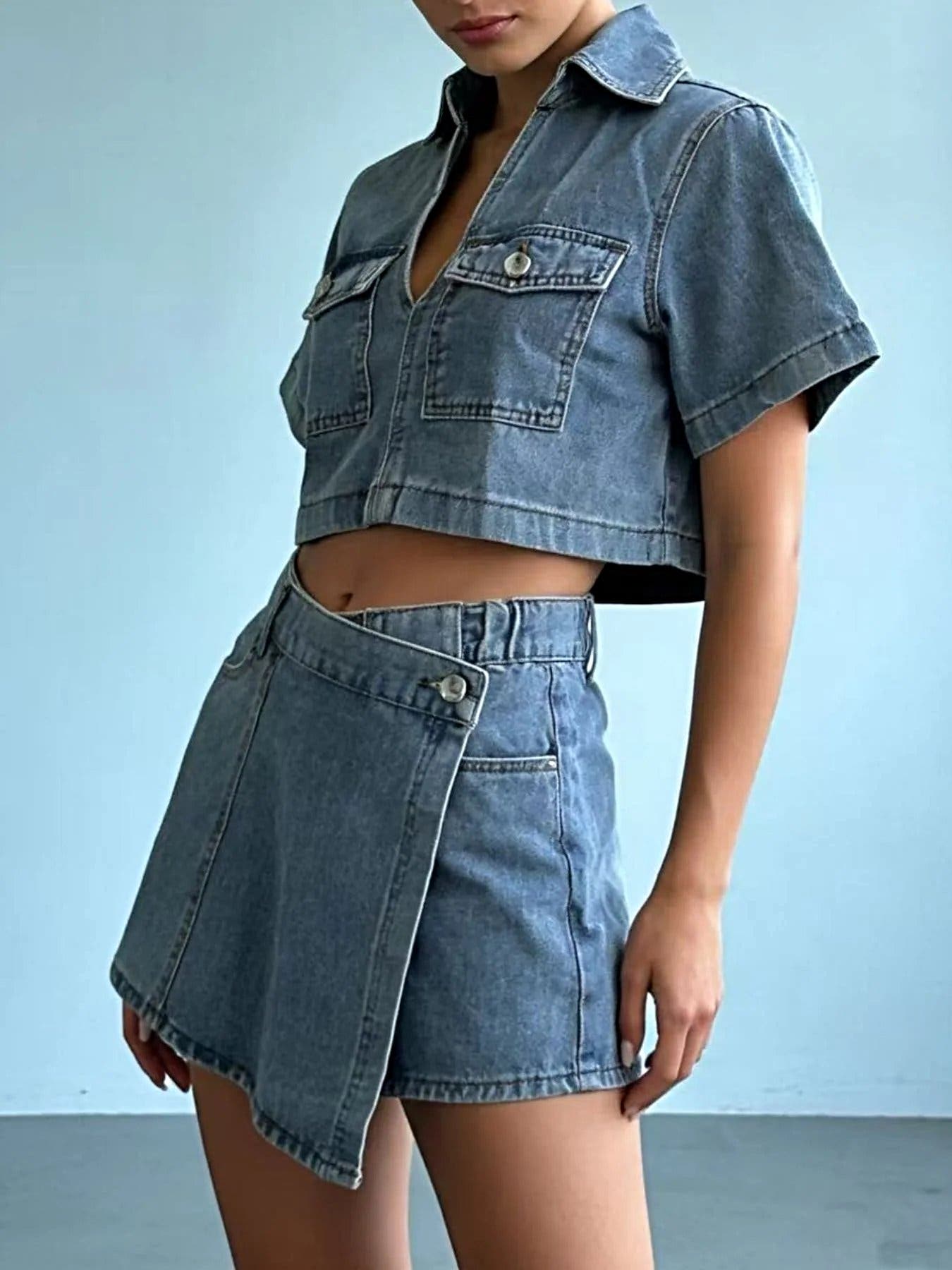 Short Sleeve Cropped Top and Skort Denim Set -