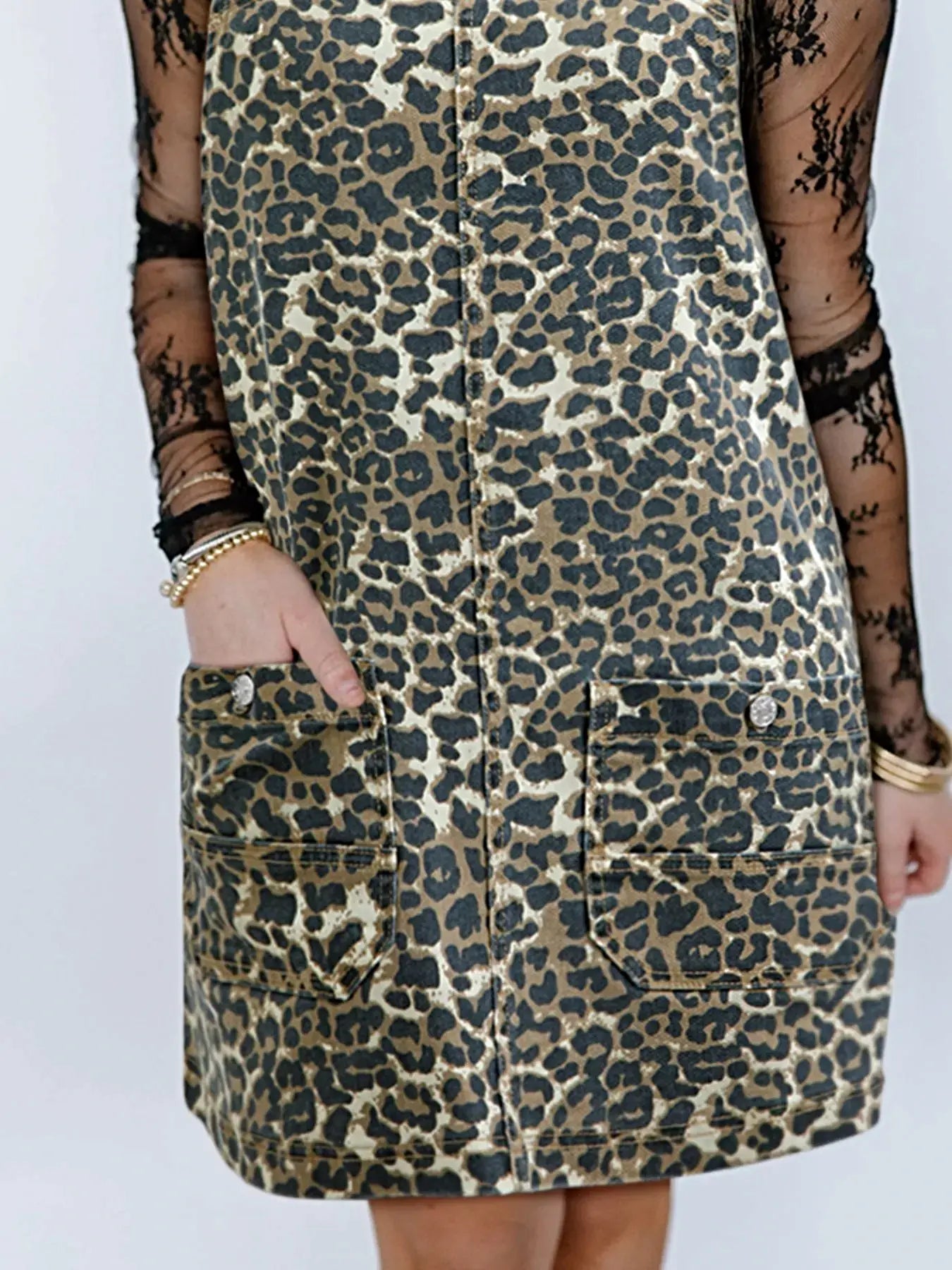 Leopard Print Denim Overall Dress -