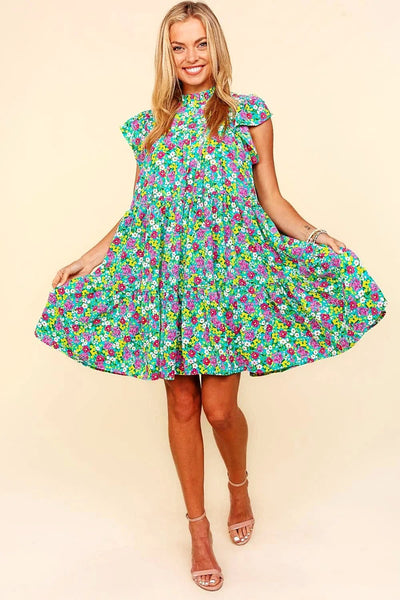 Haptics Frilled Mock Neck Ditsy Floral Dress -