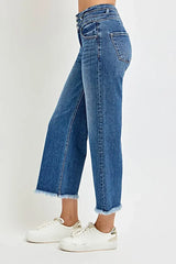 RISEN High Rise Crop Wide Leg Jeans with Wide Band Detail -