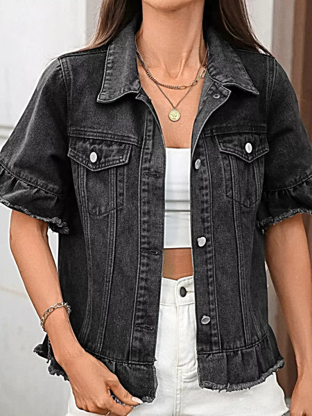 Chic Raw Hem Button Up Denim Jacket with Ruffled Details - Trendy Fashion for Every Occasion -