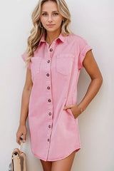 Button Down Short Sleeve Denim Dress -