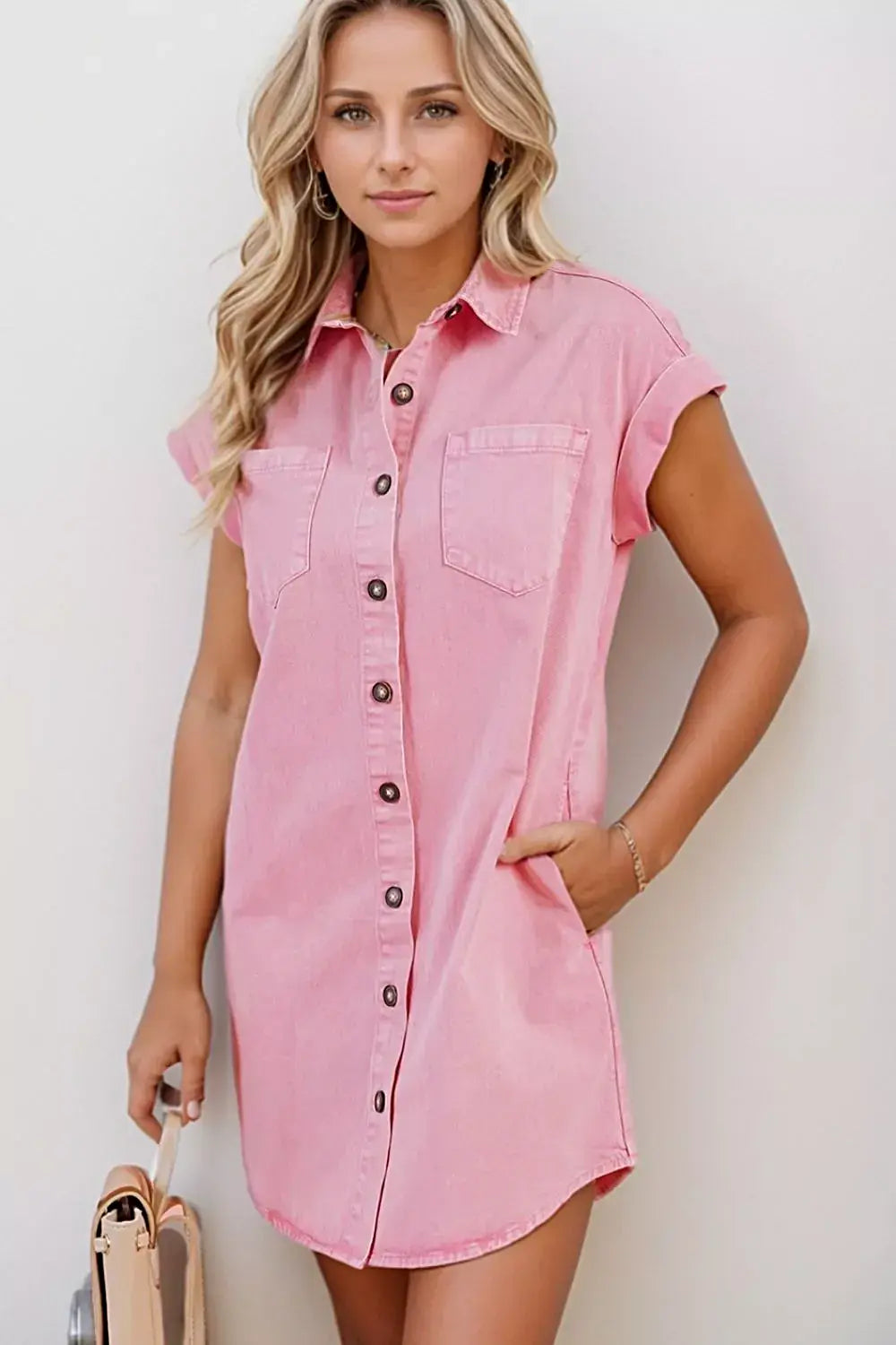 Button Down Short Sleeve Denim Dress -