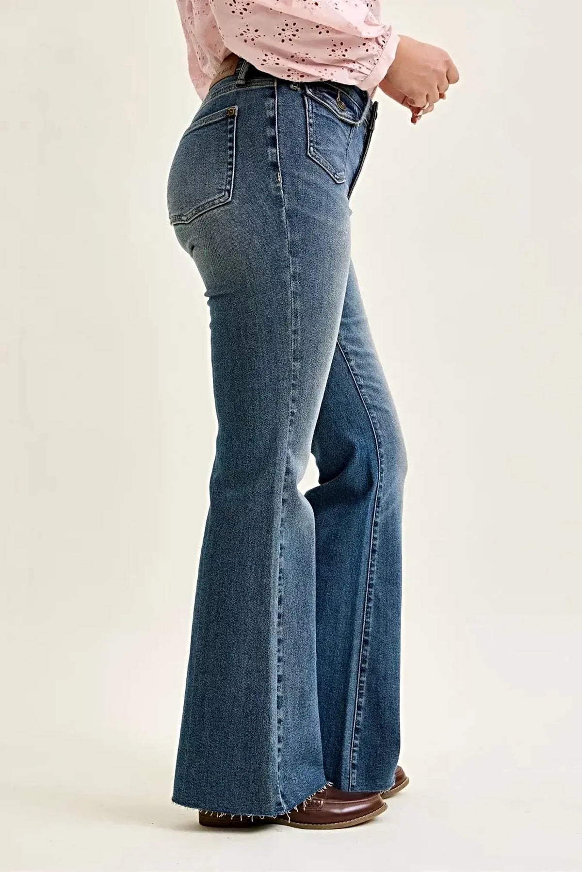 Judy Blue Mid Rise Flare Jeans with Front Flap Pockets -