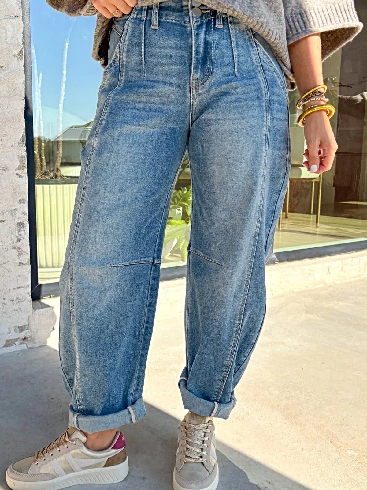 Washed Cuffed Barrel Jeans -