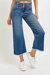 RISEN High Rise Crop Wide Leg Jeans with Wide Band Detail -