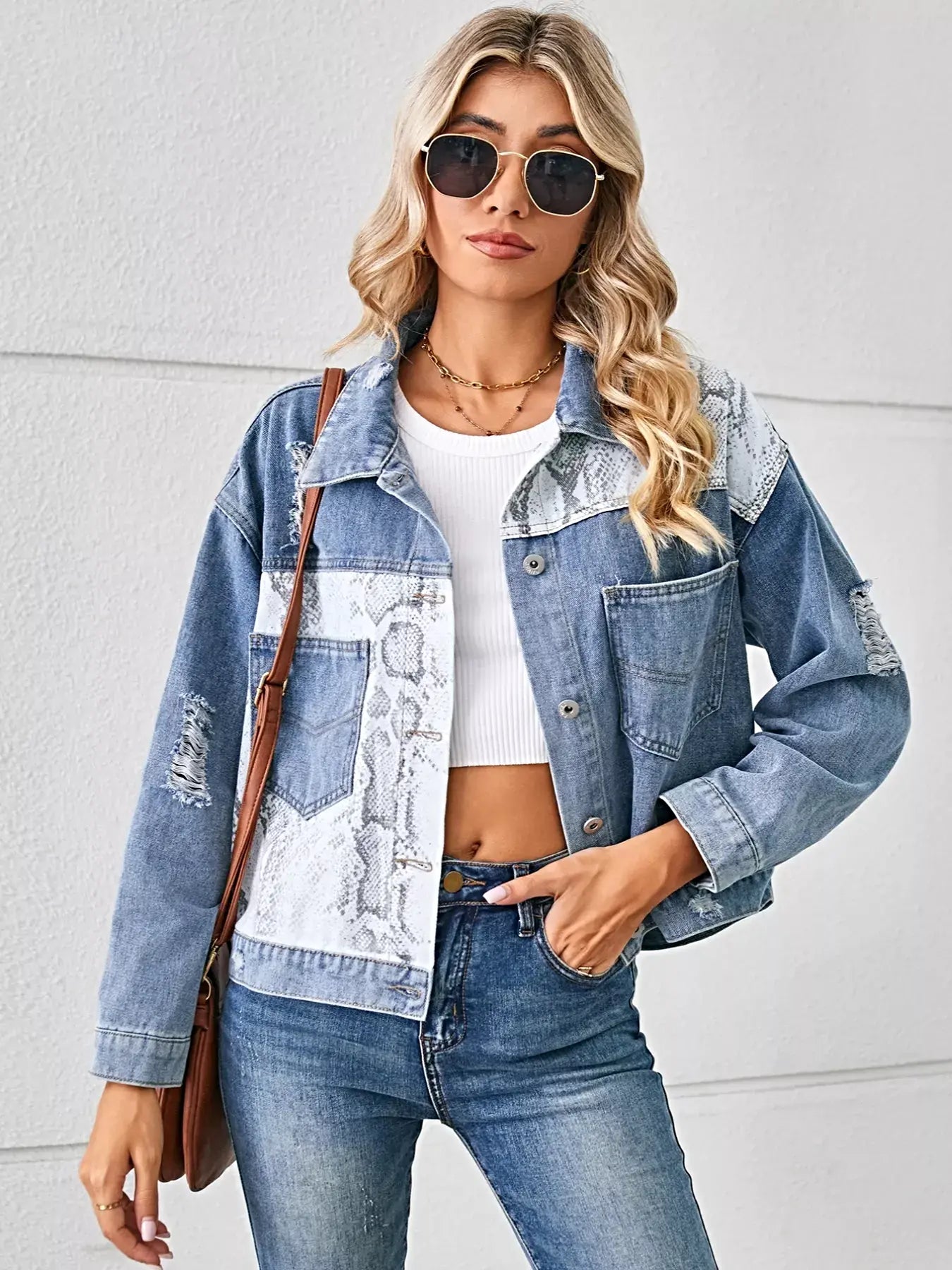 Snake Print Button Up Denim Jacket -
