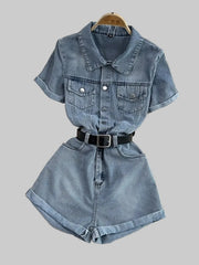Button Front Short Sleeve Denim Romper -