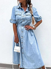 Full Size Button Down Roll-Up Sleeve Denim Shirt Dress Plus Size -