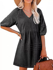 Casual V-Neck Puff Sleeve Denim Mini Dress -