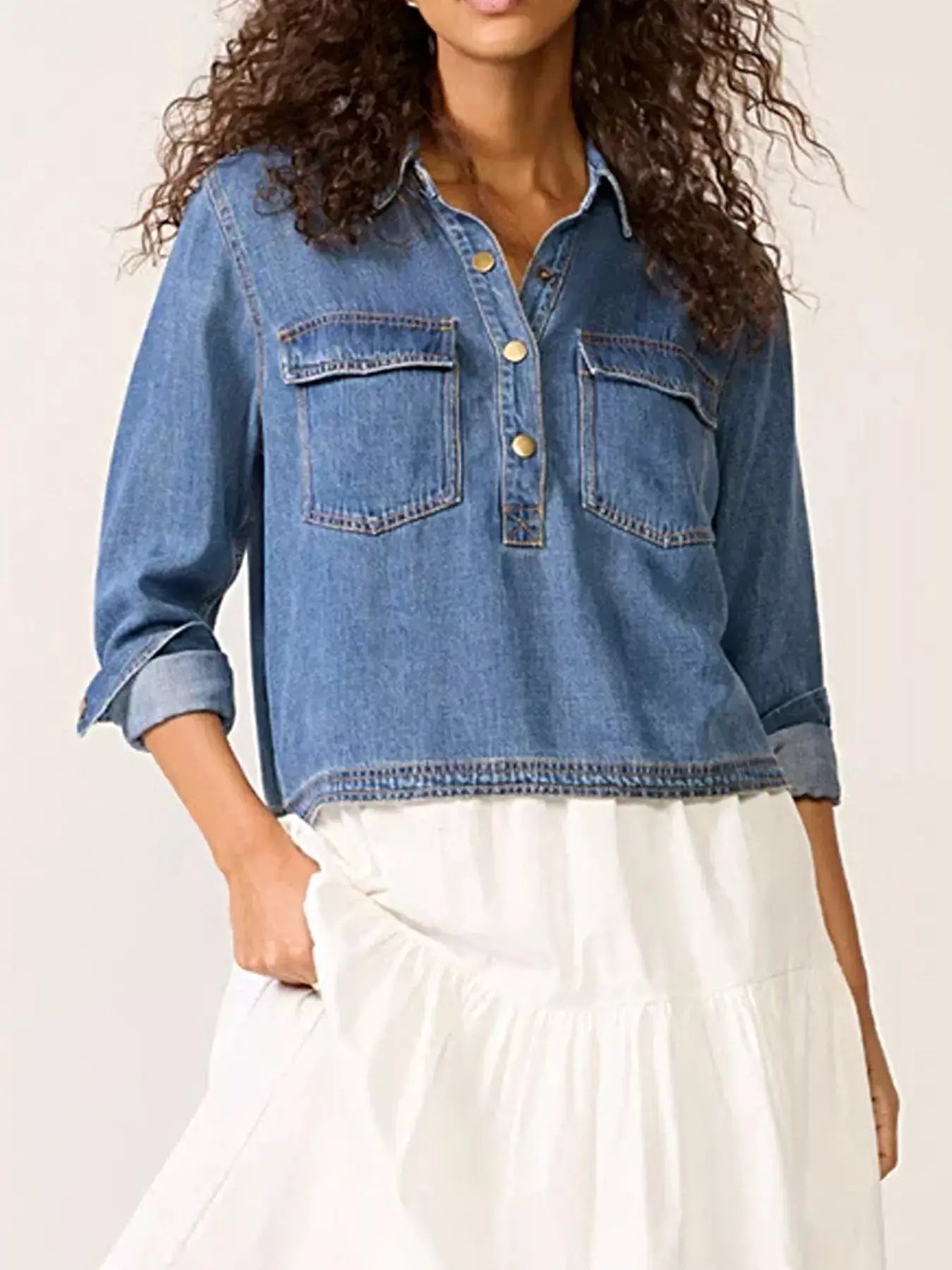 Half Snap Cropped Denim Top -