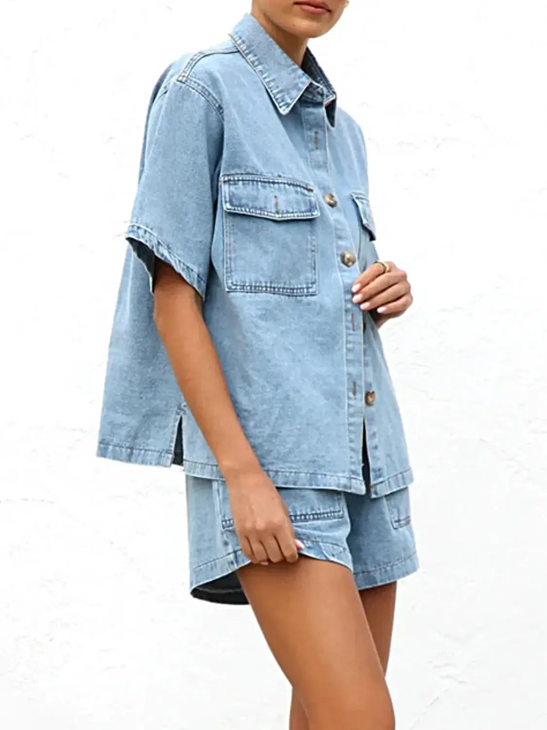 Button Up Short Sleeve Top and Shorts Denim Set -