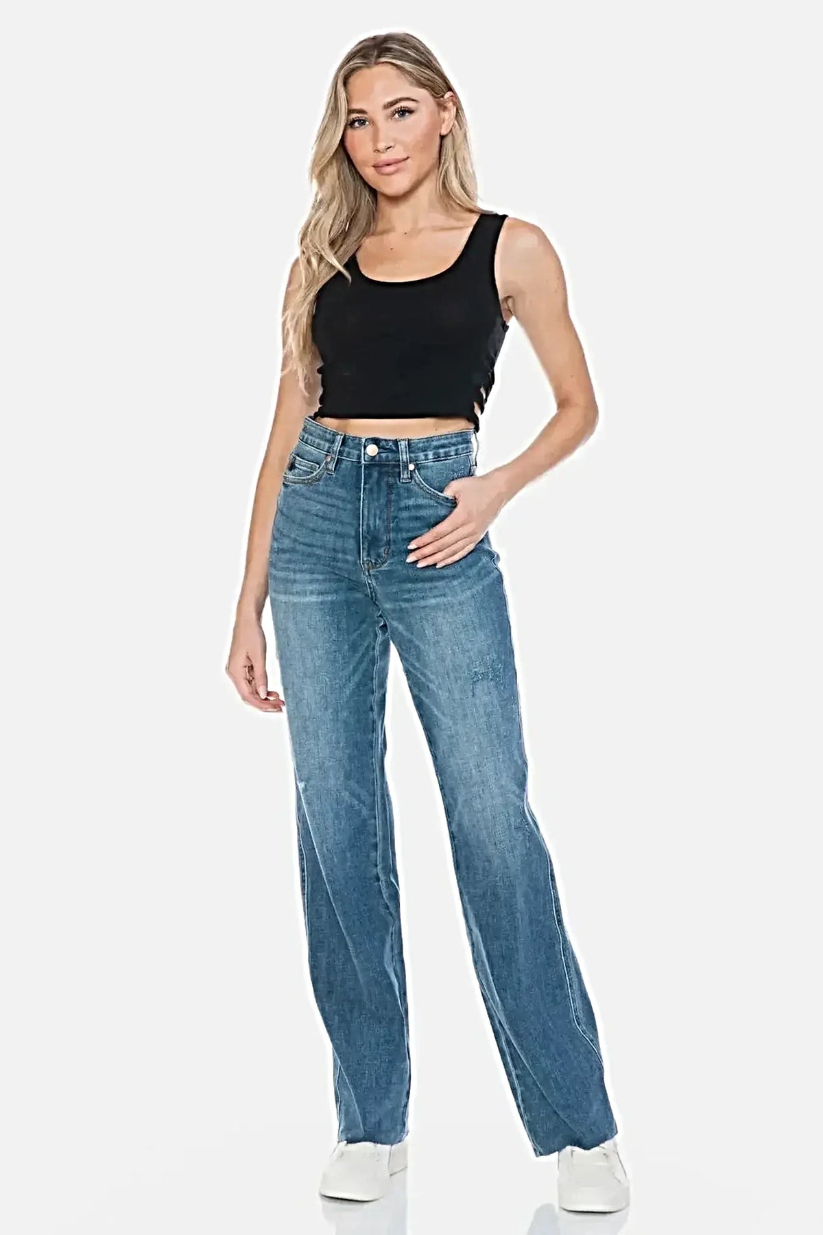 Judy Blue Full Size Tummy Control Cut Raw Hem Straight Jeans -