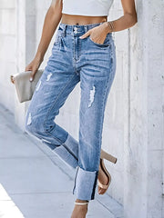 High Waist Distressed Straight Leg Jeans -