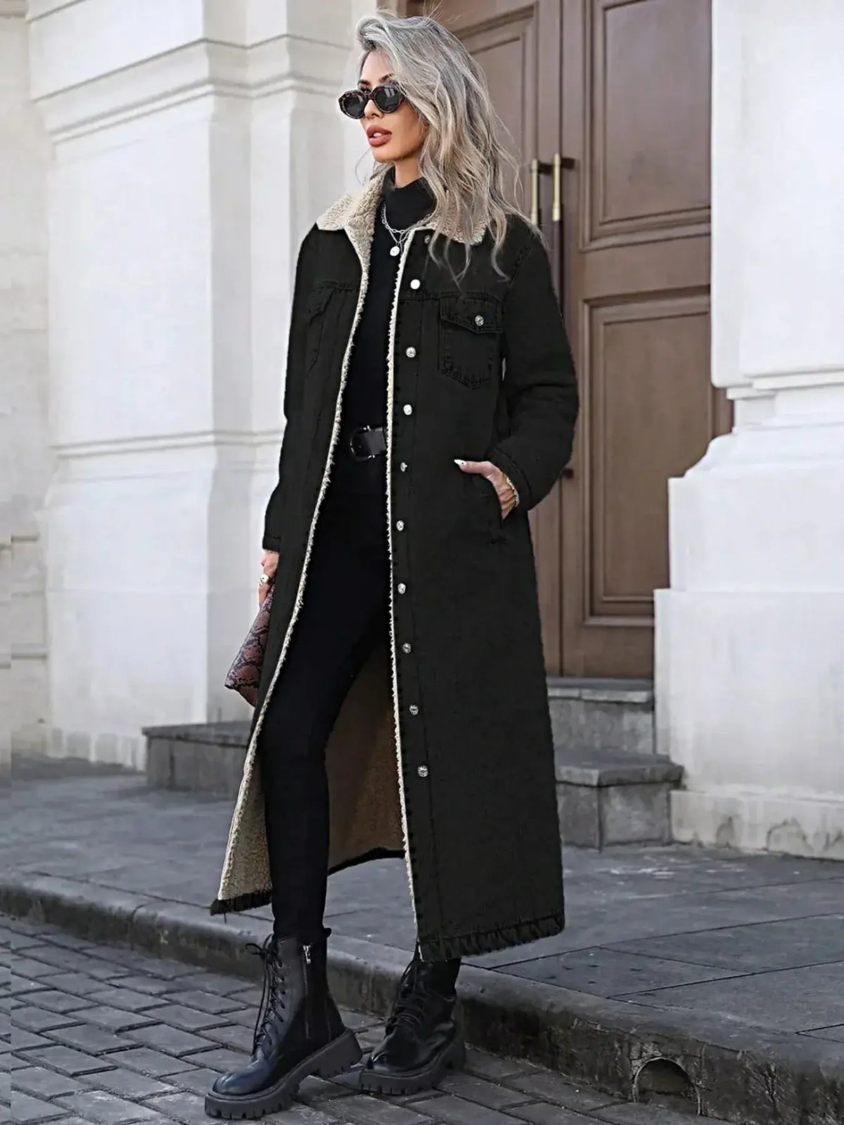 Sherpa Lined Longline Denim Jacket -