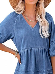 Casual V-Neck Puff Sleeve Denim Mini Dress -