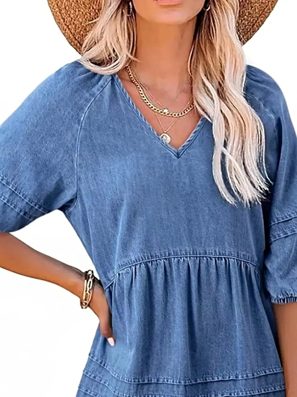 Casual V-Neck Puff Sleeve Denim Mini Dress -