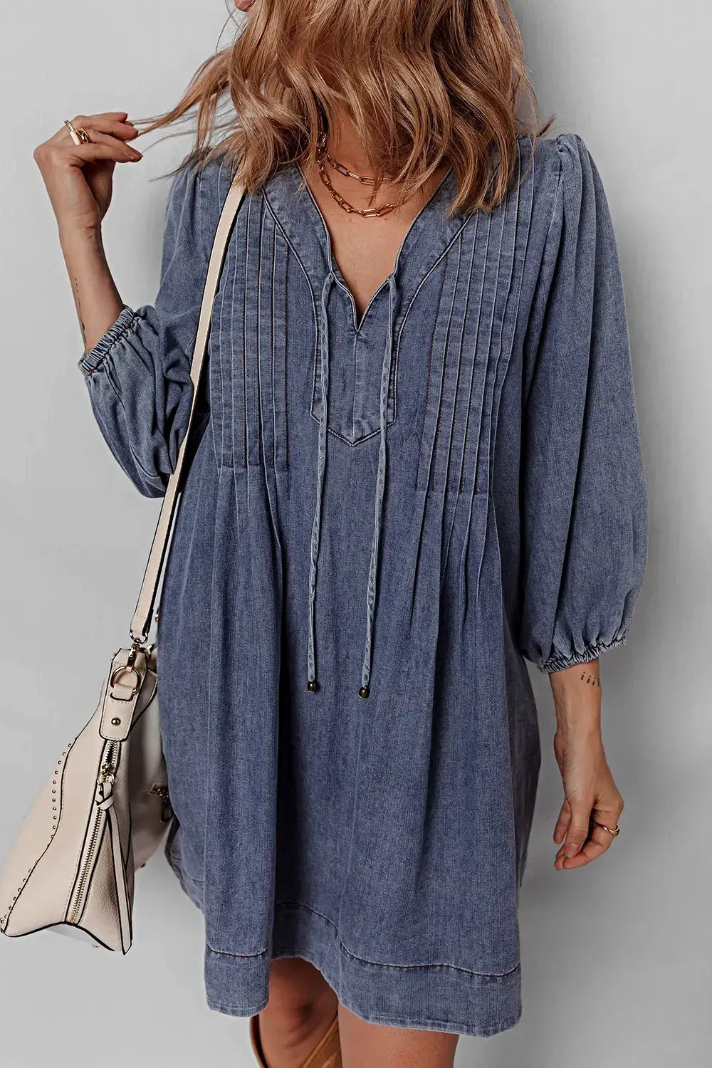 Tie Neck Long Sleeve Mini Denim Dress -
