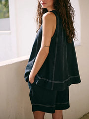 Casual Contrast Stitch Denim Tank Top and Shorts Set -