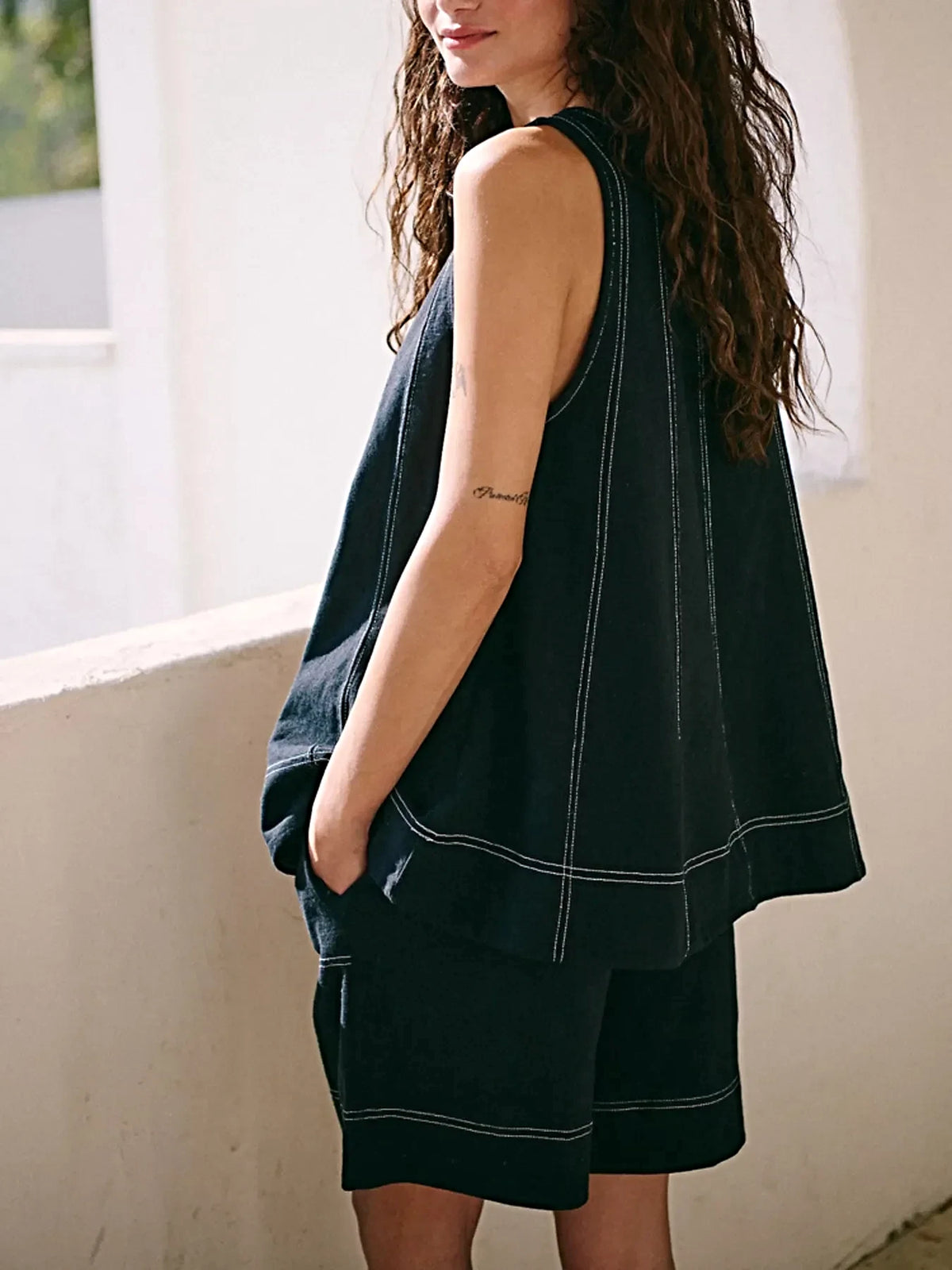 Casual Contrast Stitch Denim Tank Top and Shorts Set -