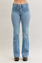 Judy Blue Full Size Mid Rise Bootcut Jeans with Contrast Wash & Front Patch Pockets Plus Size -