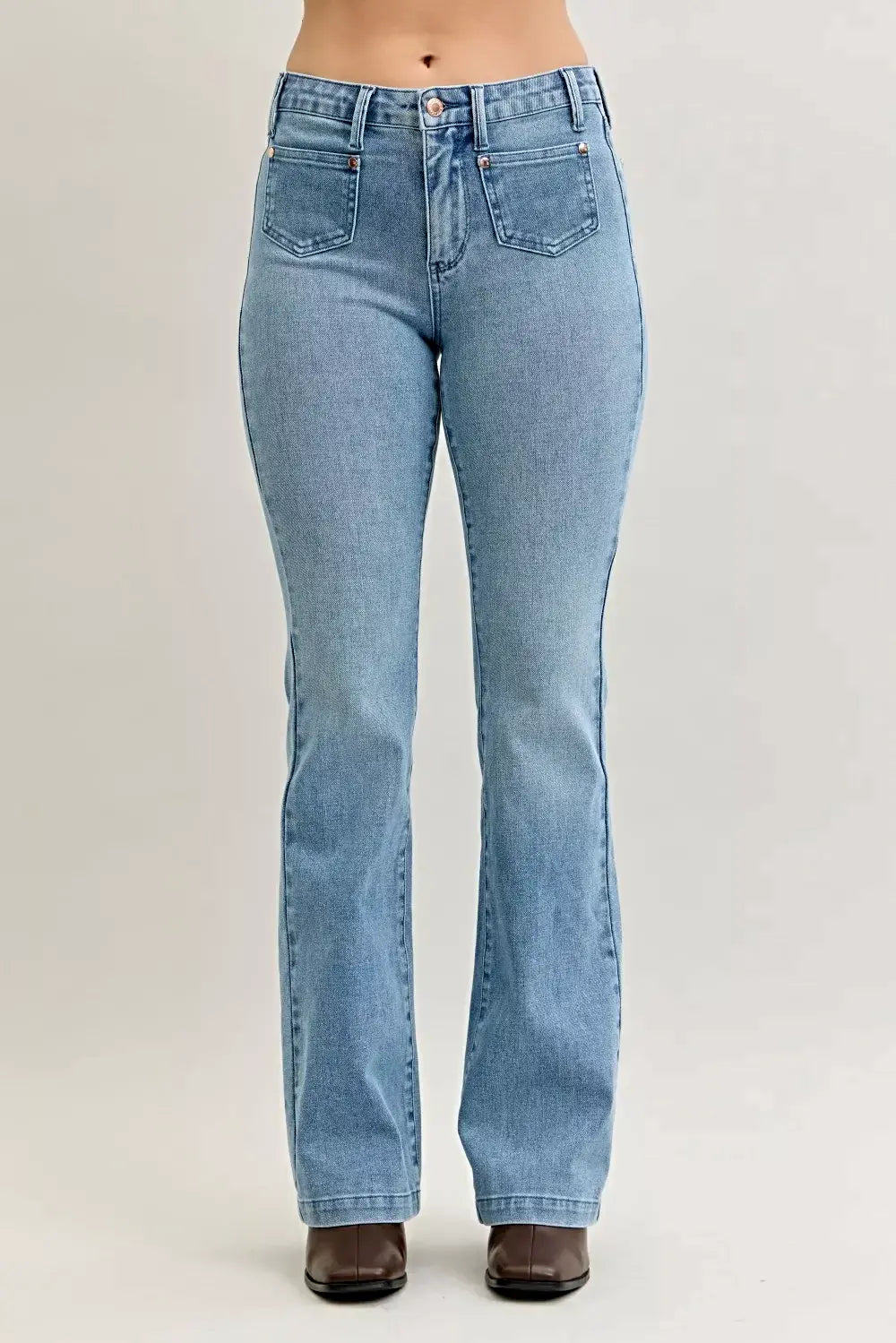 Judy Blue Full Size Mid Rise Bootcut Jeans with Contrast Wash & Front Patch Pockets Plus Size -