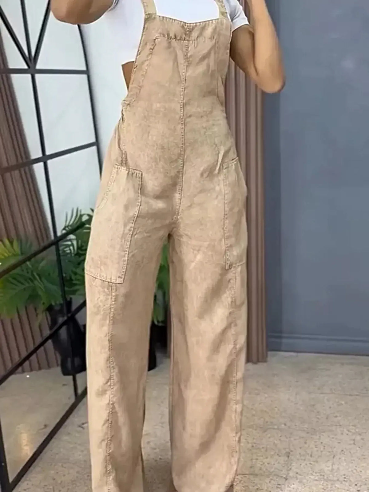 Full Size Vintage Wash Wide Leg Denim Overalls Plus Size -