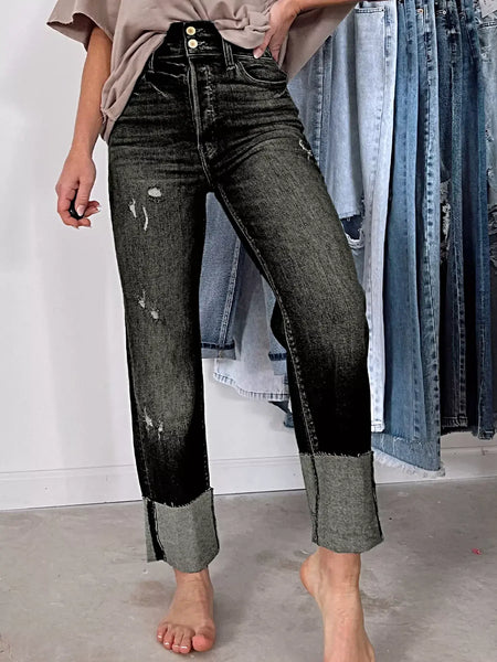 High Waist Distressed Straight Leg Jeans -